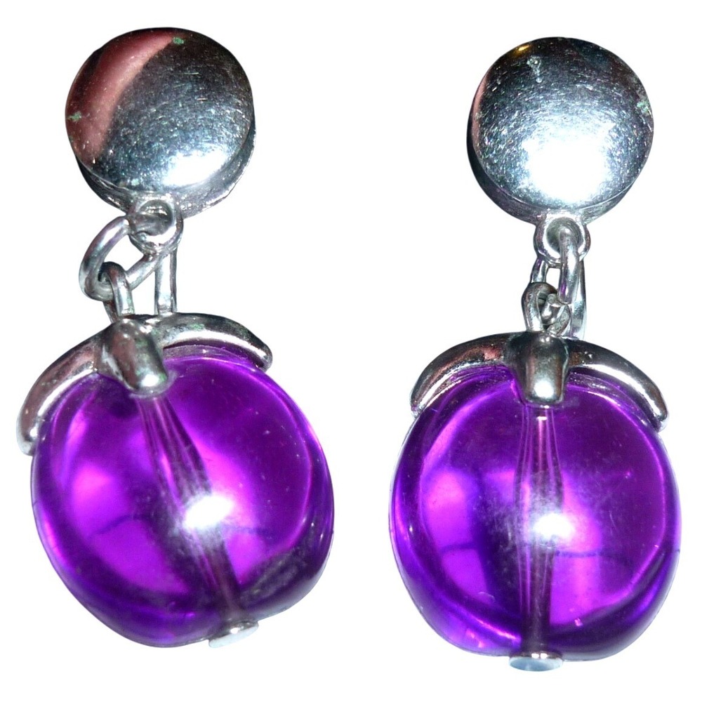 Vintage Crown Trifari Purple Jelly Belly Lucite Dangle Earrings, Signed